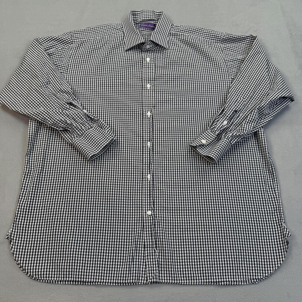 Ralph Lauren Purple Label Shirt Mens 17.5 Black Gingham Classic Fit Made Italy